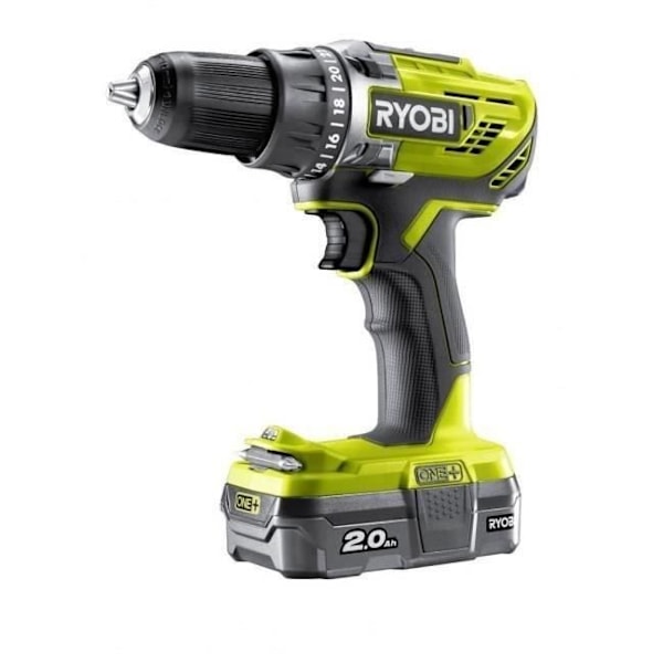 RYOBI - 18V ONE+ pora-ruuvimeisseli - 50 Nm - 500-1800 rpm - 13 mm istukka + 1 2 Ah akku, laturi & laukku - R18DD3-120S Grått och grönt