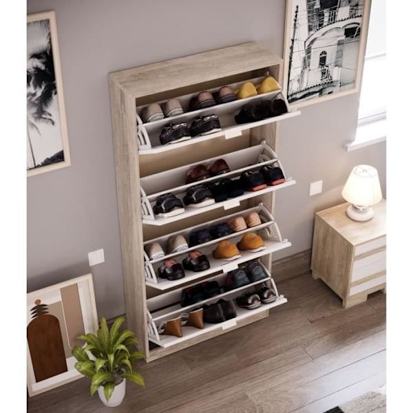 Skoskab - 4 døre - Eg og hvid - 75x24x154 cm - Leona Vit ek