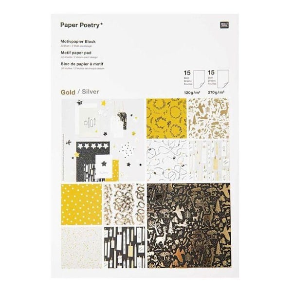 Dekorerat papper A4 - Rico Design - Nostalgisk Jul - Svart/Guld - 30 ark - 120/270 gr/m² Svart guld