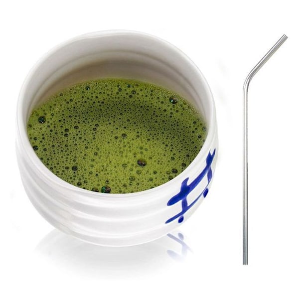 Vit Chawan japansk ceremoniskål + 4 sugrör i rostfritt stål