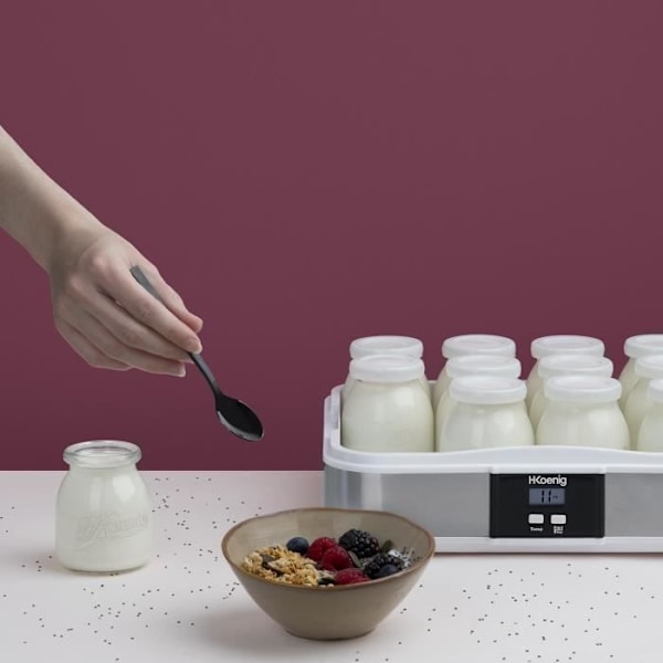 Yaourtière HKOENIG - ELY120 - Kapacitet 12 potter á 160ml - Programérbar op til 15 timer - 15W Rostfritt stål