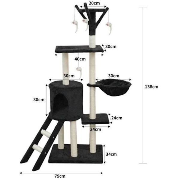 JIPSY Black Cat Tree 79 x 34 x 138 cm - 3 plattformar, 1 abborre, 1 kennel, 1 trappa, skrapstolpar Svart