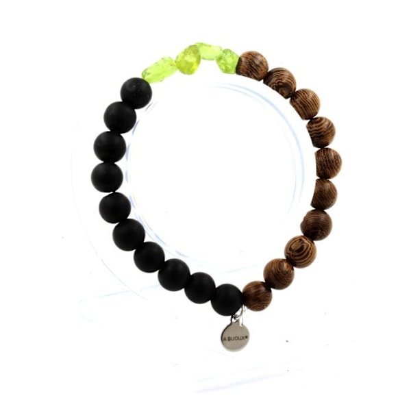 Sten og mineraler. Peridot armbånd fra Myanmar (Burma) + mat sorte onyx perler + træ 8 Fremstillet i Frankrig. Grön, Svart