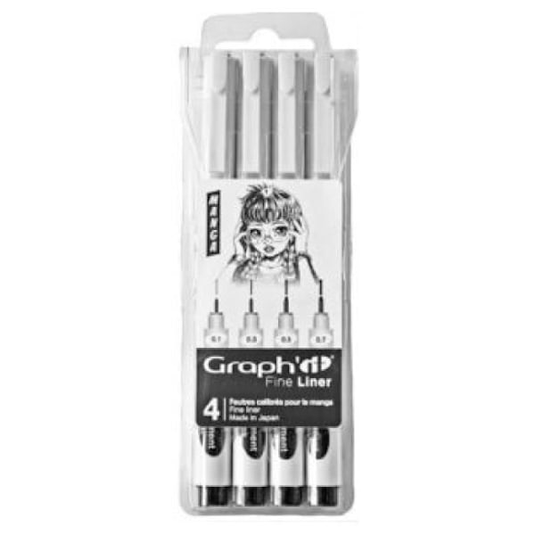Fine liners - Graph'It - Pakket med 4 - Sort - Kalibre 0,3 til 1 mm - Pigmenteret vandbaseret blæk sort