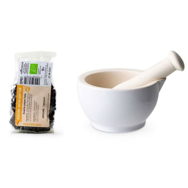 Vit sandstensmortel och mortelstöt + hel ekologisk svartpeppar - 55 g Vit