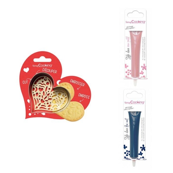 Kit för kaka i relief Heart + 2 pastellrosa och midnattsblå chokladpennor Grå