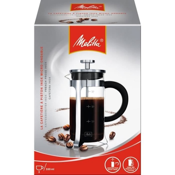 MELITTA Premium mikroaaltouunissa käytettävä ranskalainen presskahvinkeitin lasista ja ruostumattomasta teräksestä 3 kuppia Transparent