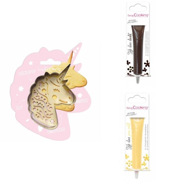 Unicorn präglad kaka-kit + 2 pastellbruna och gula chokladpennor Grå