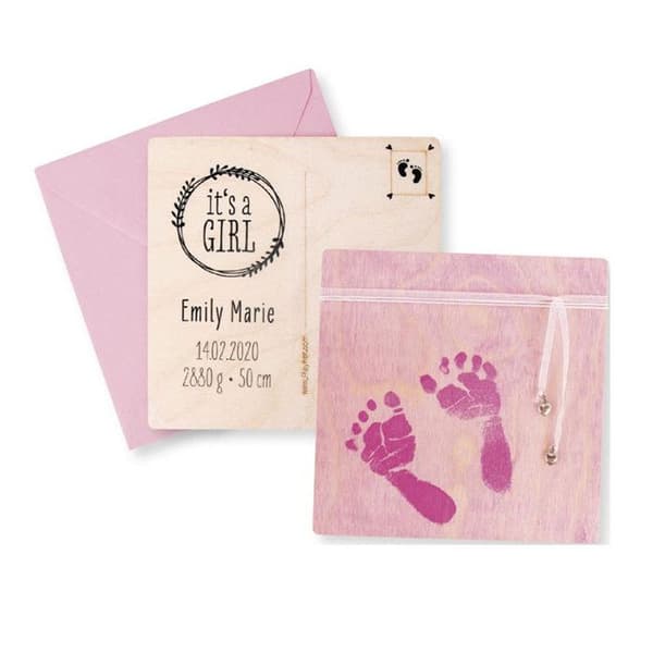 DIY-kit - Träfödelsemeddelanden med babyfotspår - Rosa Rosa