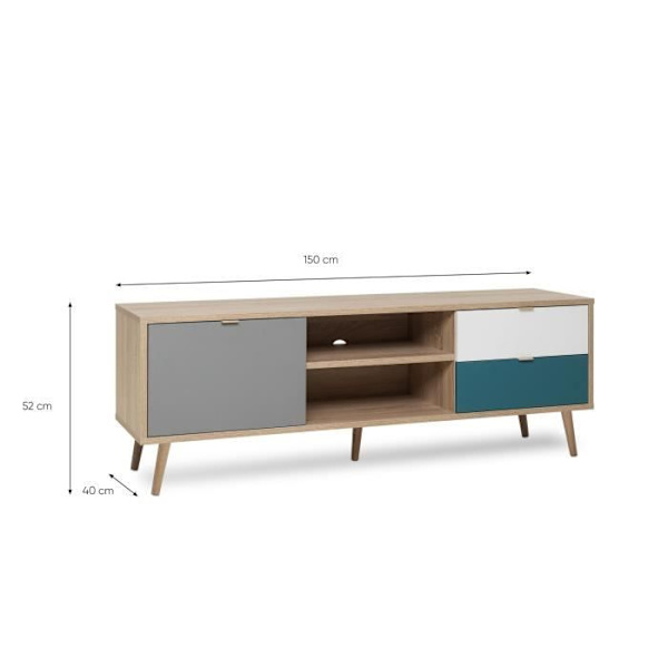 CUBA Scandinavian TV-kaappi - Tammi, harmaa, valkoinen ja petrolinsininen sisustus - 1 ovi - P 150 x S 40 x K 51 cm Brun