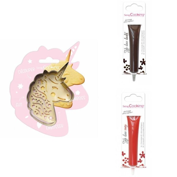 Unicorn præget kiksesæt + 2 brune og røde chokoladepenne Grå