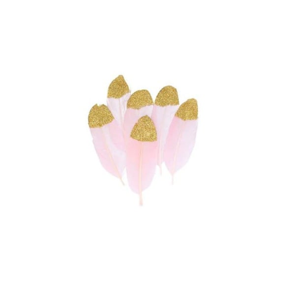 Set med 6 rosa fjädrar med glittrig guldspets - NO NAME - 11x3,5 cm gyllene