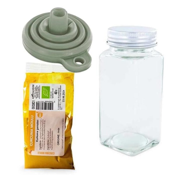 Maustepullo jauhemaiselle mausteelle + suppilo + jauhettu kurkuma 40 g