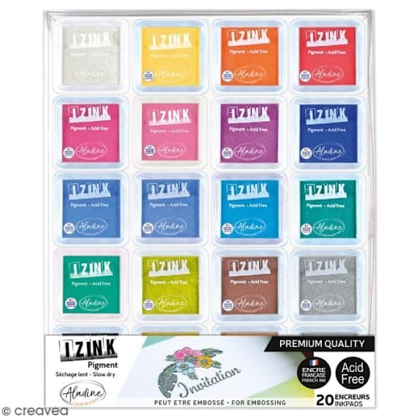 Sæt af stempelpuder - ALADINE - Izink Pigment - 20 stk - Farveassortiment - 3x3 cm Sortiment av 20 stämpeldynor i olik