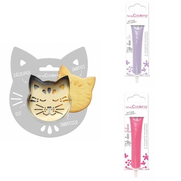 Kattpräglat kakkit + 2 lila och fuchsia chokladpennor Grå