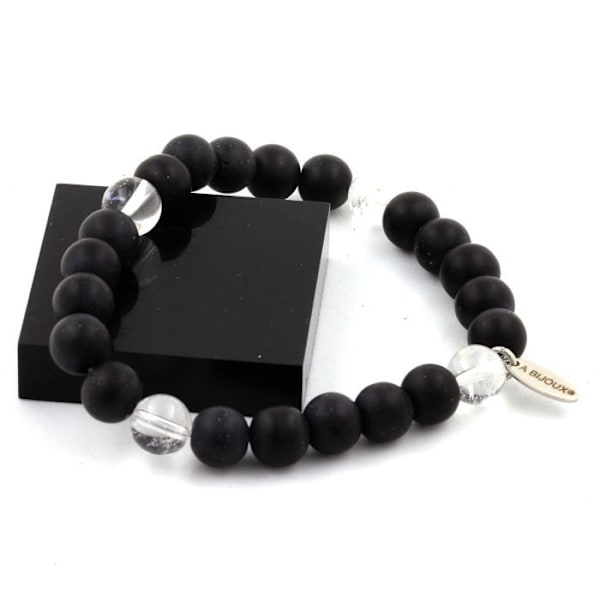 Sten og mineraler. Armbånd Quartz Beads + Mat Sort Onyx 8 mm. Fremstillet i Frankrig. Svart