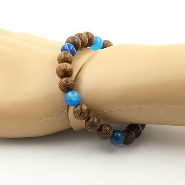 Blue Ribboned Agate Beads Armband + Wood 8 mm - ABIJOUX - Längd 19-20 cm - Blandat Blå