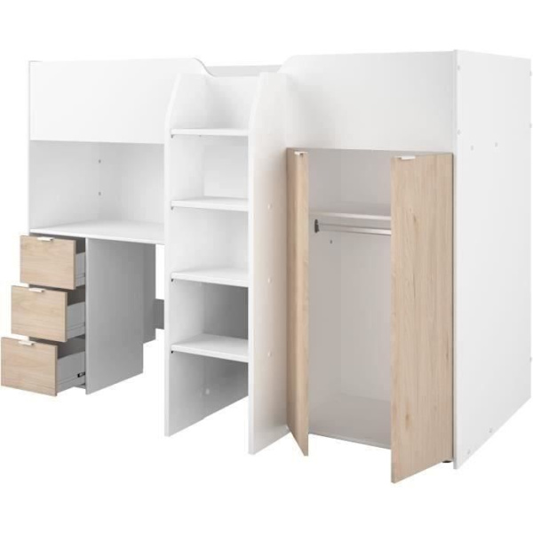 Kombinerad entresolsäng för barn - TOM - Vit och ek - Garderob, skrivbord och resårbox ingår Vitt och ek