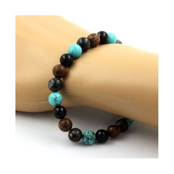 Sten og mineraler. Armbånd Labradorite Perler + Sort Agat + Turkis + træ 8 mm. Fremstillet i Frankrig. Turkos