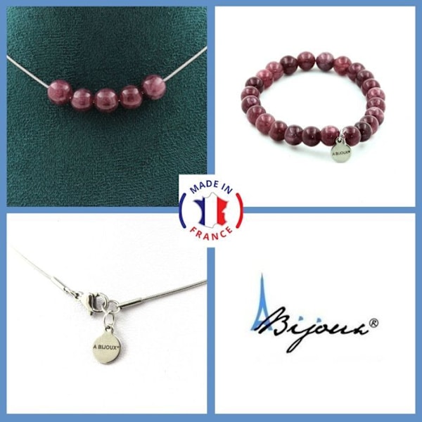 Sten og mineraler. Smykkesæt Armbånd Halskæde 5 Lepidolite Perler 8 mm. Kæde i tilpasselig størrelse. Lila