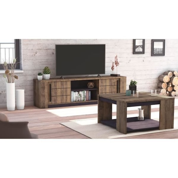 MONACO TV skab - 2 skydelåger + 3 hylder - Eg og sort træ indretning - L184,5 x D42,3 x H51,8 cm - DEMEYERE Salong ek/svart
