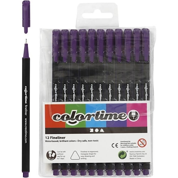 Stylus Fineliner - Colortime - Violet - 12 stk. - Tykkelse 0,6-0,7 mm - Vandbaseret blæk Lila