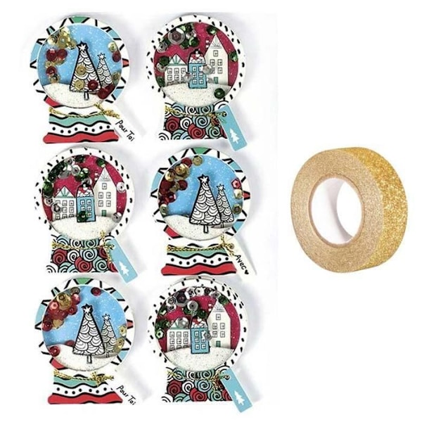 6 3D joulun lumipallotarraa 5 cm + kultainen glitter maalarinteippi 5 m Guld, Flerfärgad