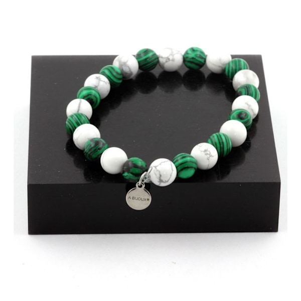 Stenar och mineraler. Howlite + Malachite Beads Armband 8 mm. Tillverkad i Frankrike. Vit, Grön