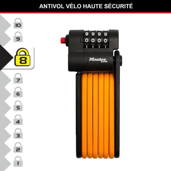 Kodat cykellås - MASTER LOCK - 8336EURDPRO - Härdat stål, programmerbar kombination, stöd ingår Orange