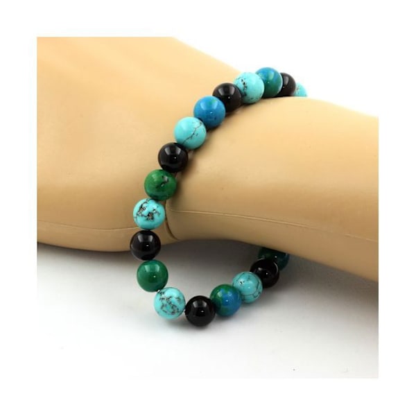 Stenar och mineraler. Chrysocolla + Turkos + Black Agate Beads Armband 8 mm. Tillverkad i Frankrike. Grön, Blå, Svart