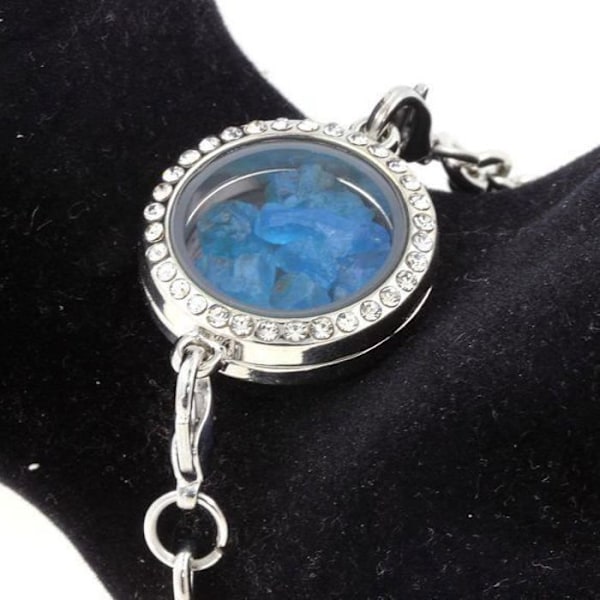 Armband i kristall - ABIJOUX - Medaljong 25 mm - Neonblå apatite - Rostfritt stål - Justerbar Silver