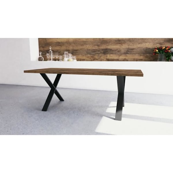 Bord - MONACO - Rektangulært - Saloon eg og struktureret sort melamin indretning - Sort X-formet ben - 6 steder - 180 x 90 cm - DEMEYERE SALONG EK/SVART STRUKTUR