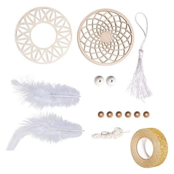 Medium drømmefangersæt 26 cm - Træskive ø 7 cm, perler, snor, fjer + guldglimmer malertape 5 m Beige