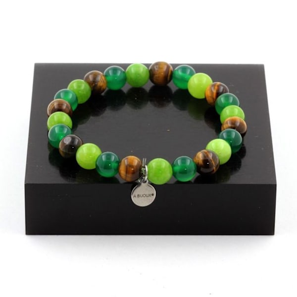 Kivet ja mineraalit. Vihreä akaatti + Tiger Eye + Peridot helmirannekoru 8 mm. Tehty Ranskassa. Grön