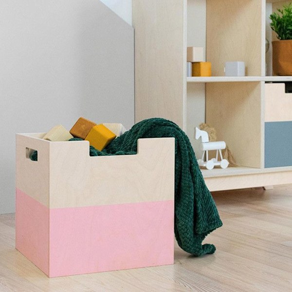 Puuvarastointilaatikko malli 2 - kahvat - Vaaleanpunainen ja luonnonpuu - 33 x 33 x 37 cm Rosa
