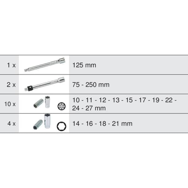Modul - KS TOOLS - 713.1026 - Modul med lange stikkontakter og tilbehør - 1/2" - 17 dele