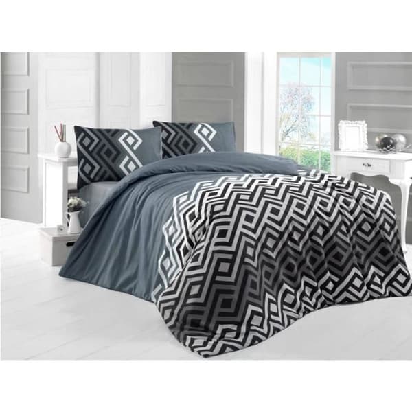 Sengetøjssæt - 1 dynecover 220 x 240 cm + 2 pudebetræk 60 x 60 cm - 65% bomuld, 35% polyester - Grå Grå-Svart-Vit