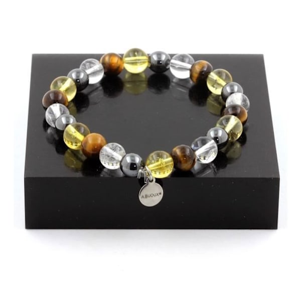 Stenar och mineraler. Armband Tiger Eye Beads + Citrin + Quartz + Hematite 8 mm. Tillverkad i Frankrike.