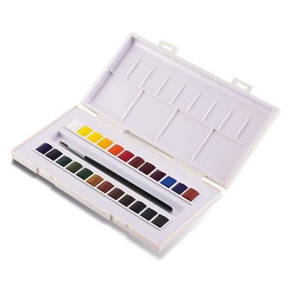 Akvarelæske - Sennelier - 24 halve pander - Rejser - Elastisk rem - Forskellige farver 116 Titanium White, 501 Citron Yell