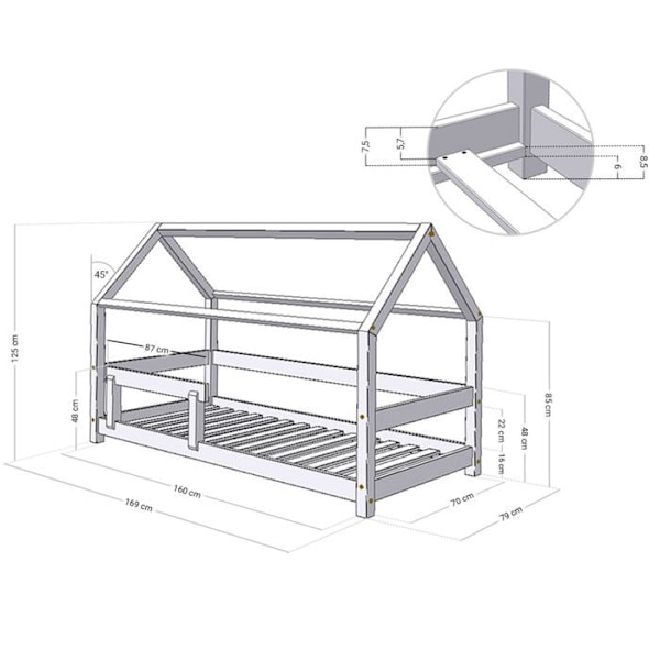 Lit cabane enfant TERY 70 x 160 lys grå Grå