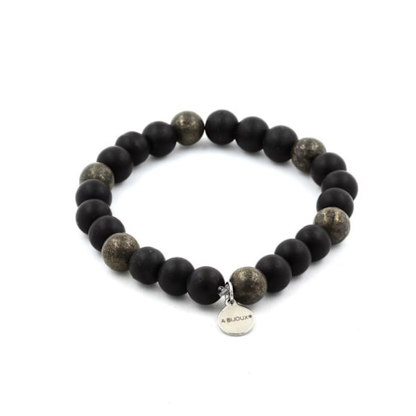 Stenar och mineraler. Mattsvart Onyx + Pyrit Beads Armband från Sydafrika 8 mm. Tillverkad i Frankrike. Svart, gyllene