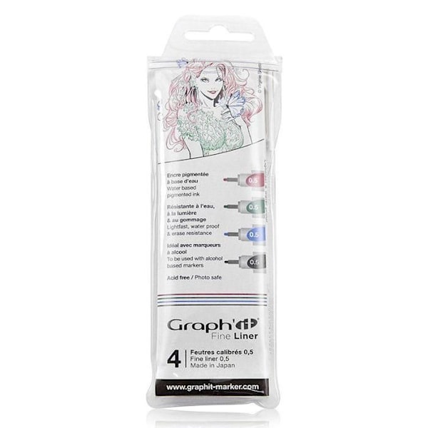 4 kpl Fine Liners - Graph'It - 0.5 mm - Pigmenttipohjainen muste - Musta, Sininen, Vihreä, Punainen Flerfärgad