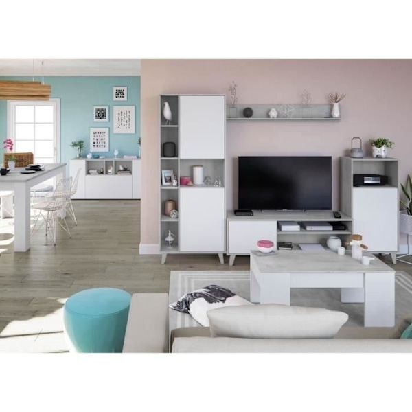 Modulært tv-møbelsæt - ZOE - PUSH åbning - Artik hvid og cementgrå - L260 x D33 x H184 cm vitt och cement