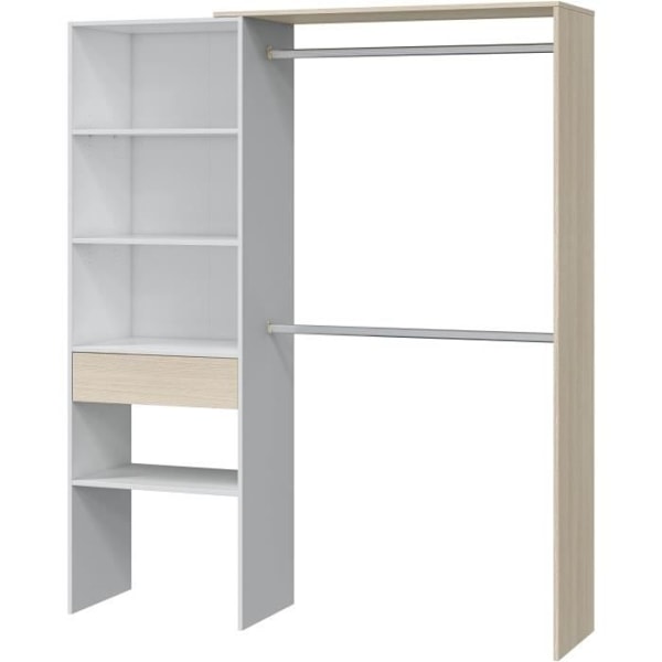 Pukuhuone - MEKO - 2 vaatekaappia + 3 lokeroa + 1 hylly + 1 laatikko - Valkoinen ja tammi - L 158x K187x P40cm