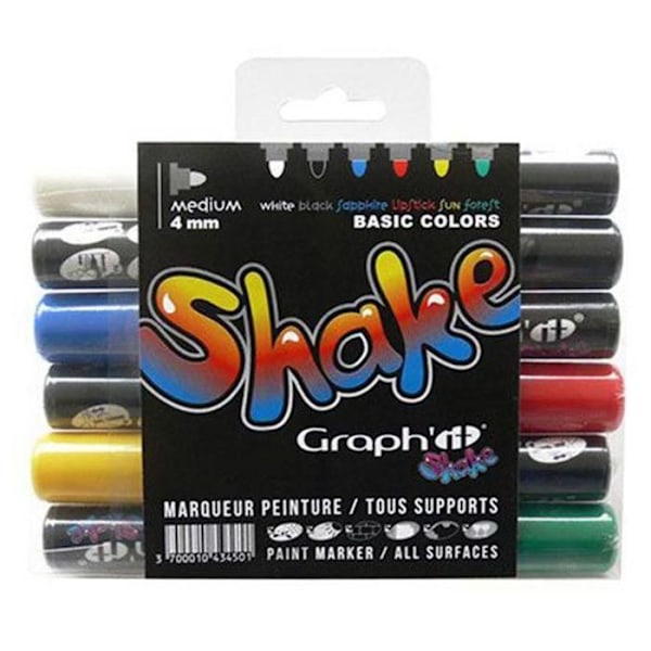Maalaustussit - Graph'it - Shake Basique - 6 kappaleen pakkaus - Keskikokoinen kärki 4 mm - Opaque vit, svart, safirblå, läppstift röd