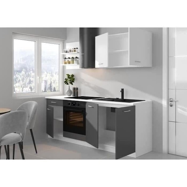 PREGO komplet køkken - L 210 cm - Grafitgrå indretning - 210 cm bordplade medfølger Grå