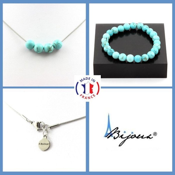 Stenar och mineraler. Armband Halsband Set 4 Turkos Howlite pärlor 8 mm. Kedja i anpassningsbar storlek. Turkos
