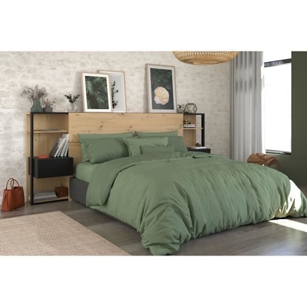 PARISOT Sengegavl med hylder + integrerede sengeborde - Eg og sort indretning - L 255 x D 36 x H 103 cm - HVID Ek och svart