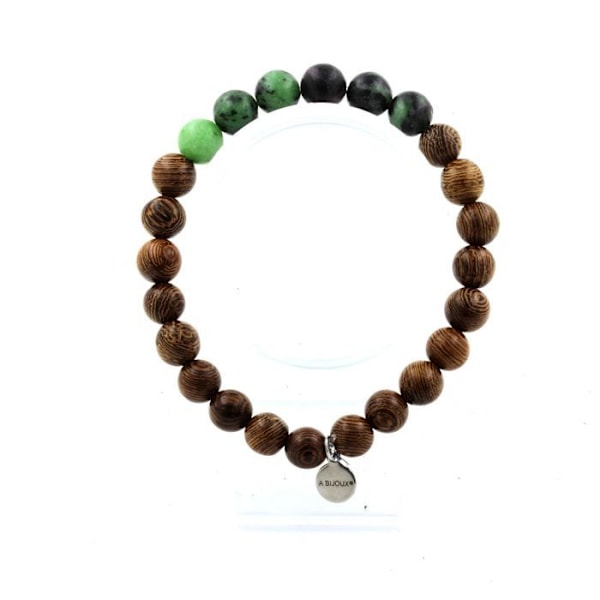 Kivet ja mineraalit. Australian Epidote Beads Rannekoru + 8 mm puuta. Tehty Ranskassa.