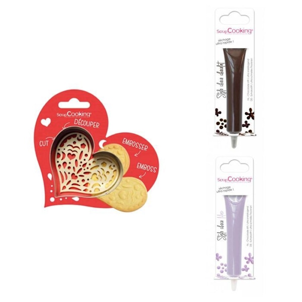 Hjertepræget kiksesæt + 2 brune og lilla chokoladepenne Grå